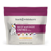 Dr. Mercola Bark & Whiskers dehydrated beef entree in a bowl shows a complete dog meal.