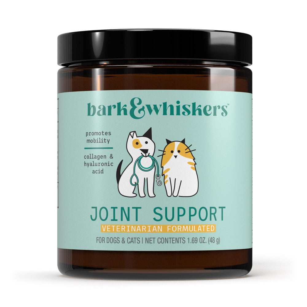 Dr. Mercola Bark & Whiskers joint-support bottle front promotes mobility.