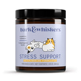 Dr. Mercola Bark & Whiskers Stress Support packaging front highlights a calming supplement for pets.