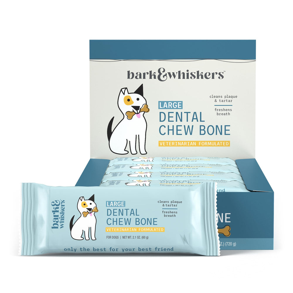 Dr Mercola Dental Chew Bones large box shows twelve bones for daily dental care