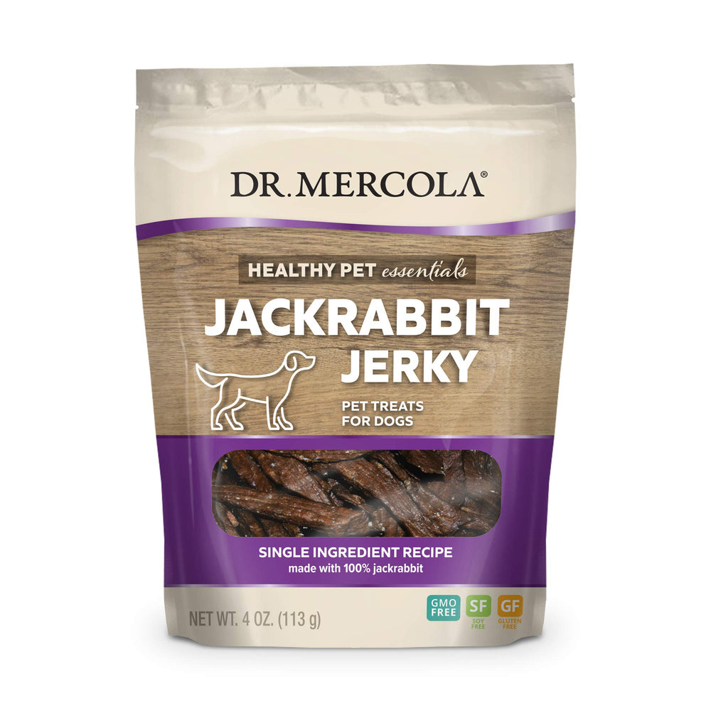 Dr. Mercola Jackrabbit Jerky bag, premium dog treat for training.