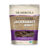 Dr. Mercola Jackrabbit Jerky bag, premium dog treat for training.