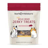 Dr. Mercola Wild Boar Jerky 4oz bag shows protein-rich training treat for dogs and cats.