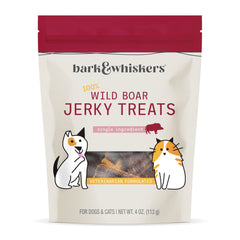 Dr. Mercola Wild Boar Jerky 4oz bag shows protein-rich training treat for dogs and cats.