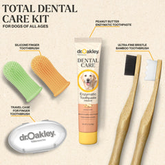 Dr. Oakley Total Dental Care Kit dog brushes demonstrate gentle, thorough at-home cleaning.