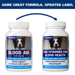 Dr. Oscar Blood Aid for Dogs tablets stacked illustrating iron-rich supplement.