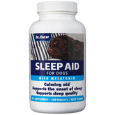 Dr. Oscar Dog Sleep Aid bottle closeup for calm nighttime support.