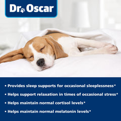 Dr. Oscar Dog Sleep Aid packaging front highlighting natural ingredients.