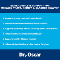 Dr. Oscar Dog UTI bottle pour shows convenient chewable tablets for daily urinary support.