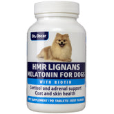 Dr Oscar HMR lignans melatonin dog bottle with chewables for cortisol support.