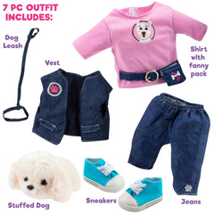 Dress Along Dolly dog walker outfit vest adds layered style for imaginative adventures.