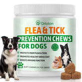 Drloton flea tick chews in a chicken flavor tub provide natural protection for dogs.