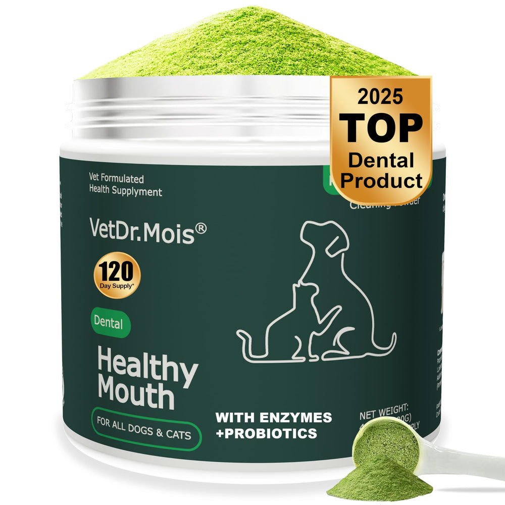 DRMOIS dog teeth cleaning powder packaging for easy at-home dental care.