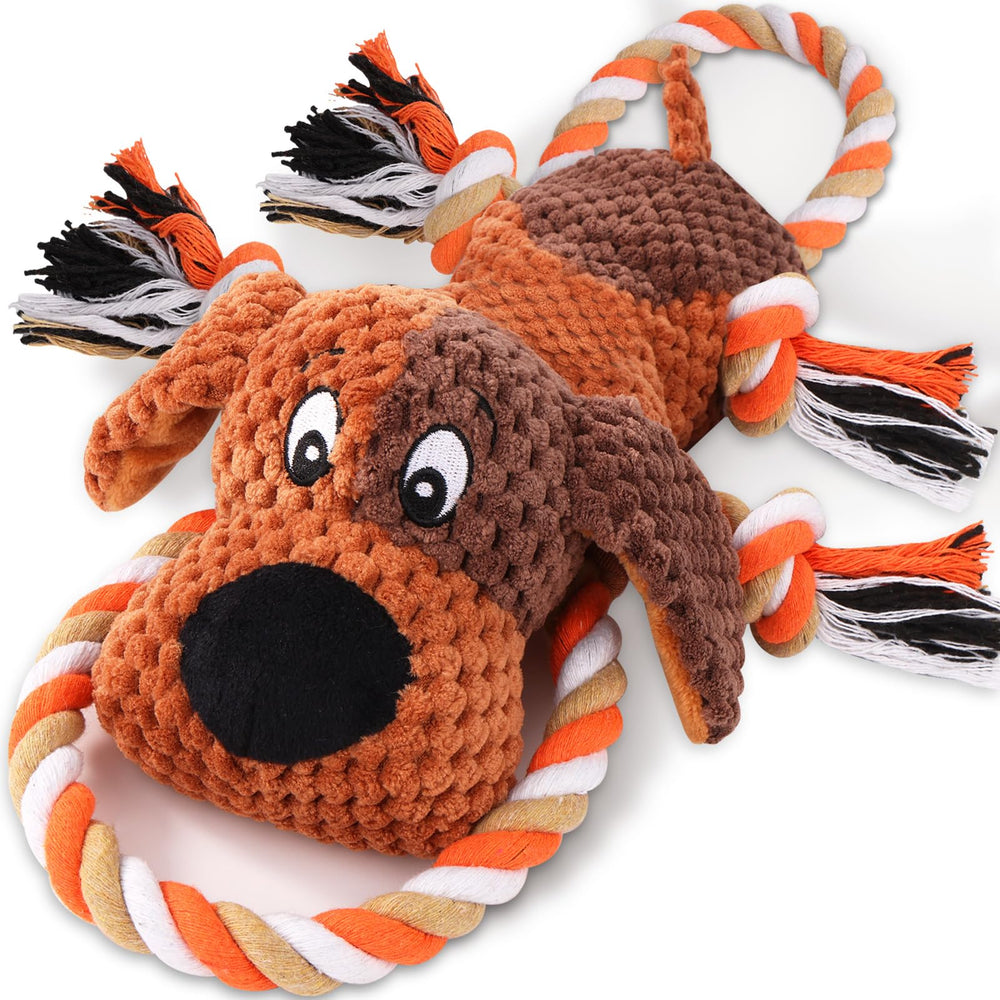 Drmstow plush dog toy rope-core squeaker for interactive play and fetch