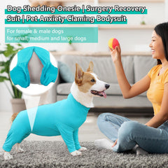 Due Felice dog surgery suit blue small back view supports post-surgery rest and mobility.