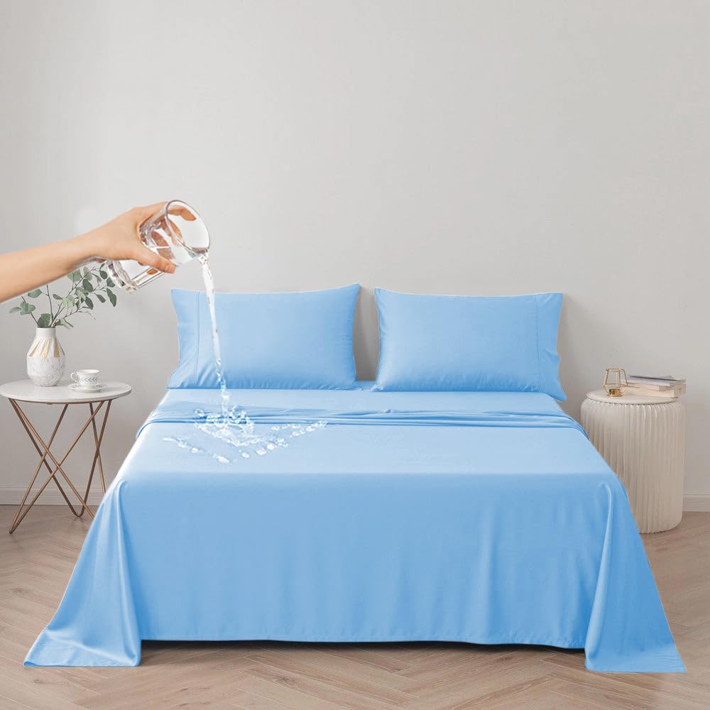 DUJUIKE waterproof bed cover on a sky-blue queen bed protects against pets' accidents