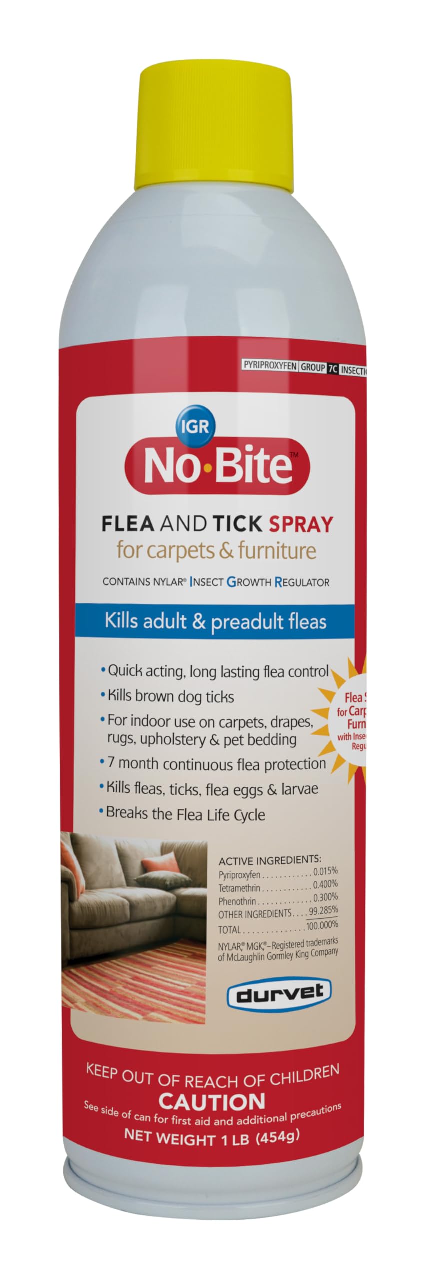 Durvet No Bite IGR spray bottle close-up for indoor flea control.