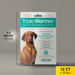 Durvet Triple Wormer dosing guide image illustrating weight-based tablet counts.