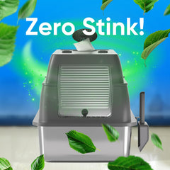 DVPETS stainless steel litter box with 180-degree flip-top lid for quick scooping.
