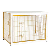 Dwanton dog crate furniture front view in white and gold, a stylish pet crate and table combo