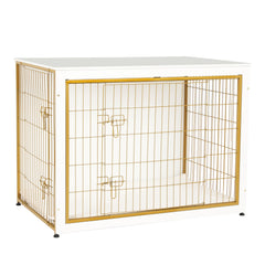 Dwanton dog crate furniture front view in white and gold, a stylish pet crate and table combo