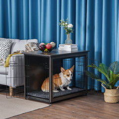 Dwanton indoor dog house wood finish on a table blends with home decor.