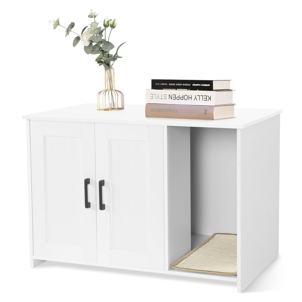 Dwanton litter box enclosure front view shows a clean hidden litter solution