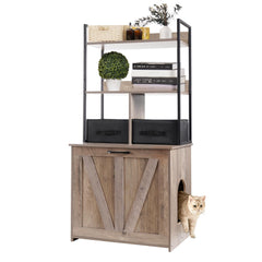 Dwanton litter box enclosure front view with hidden litter space and drawers for storage.