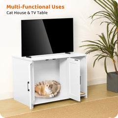 Dwanton litter box enclosure with scratching mat highlights cat scratching at entry