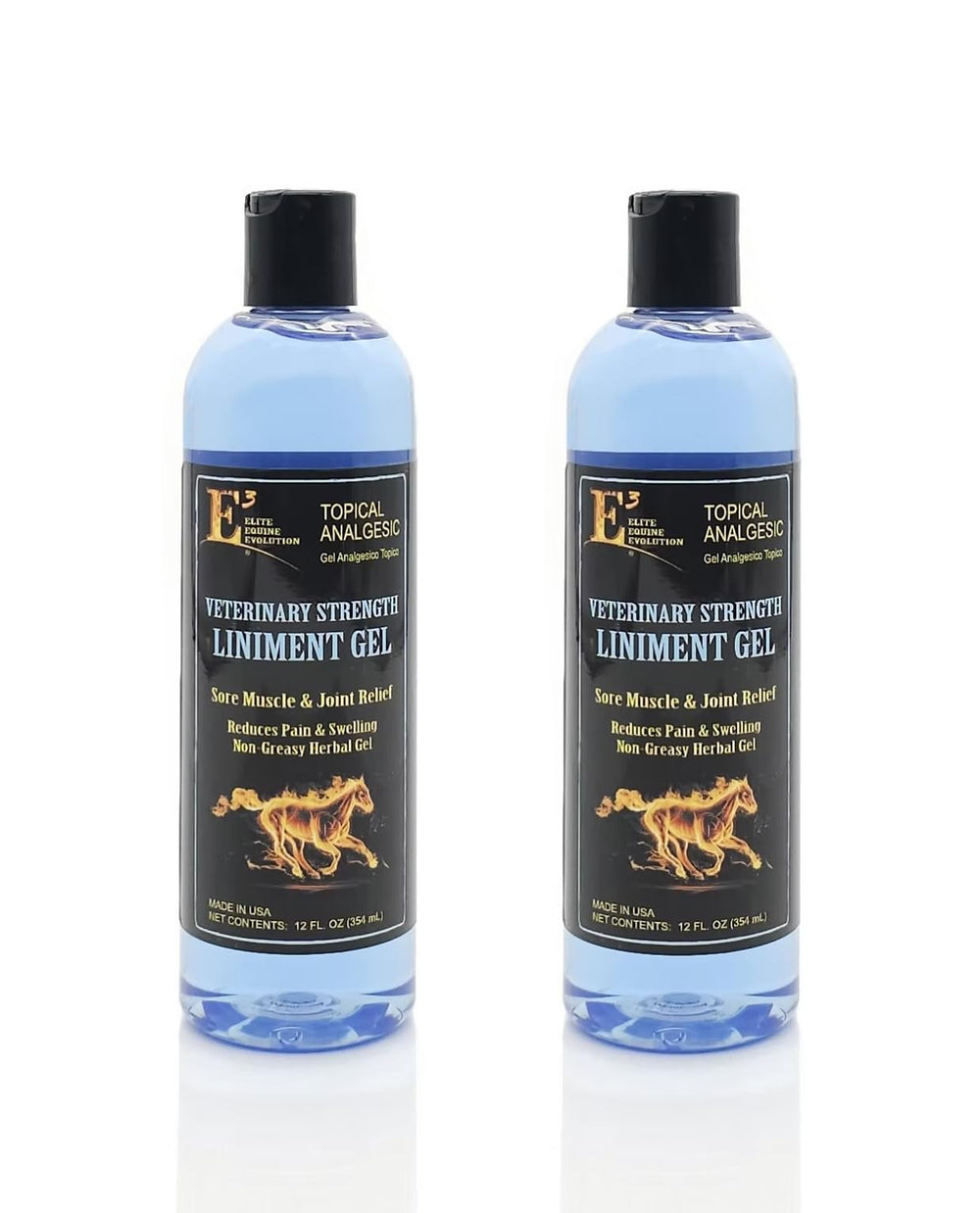 E3 liniment gel bottle-pour demonstrates fast relief for sore muscles and joints