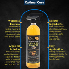 E3 Waterless Argan Oil Shampoo mane-detail shows smooth detangling and shine