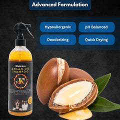 E3 Waterless Shampoo coat-softening image highlights argan oil for silky fur.
