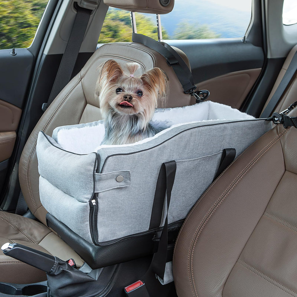 Earond center console dog seat front view shows secure fit for calm travels.