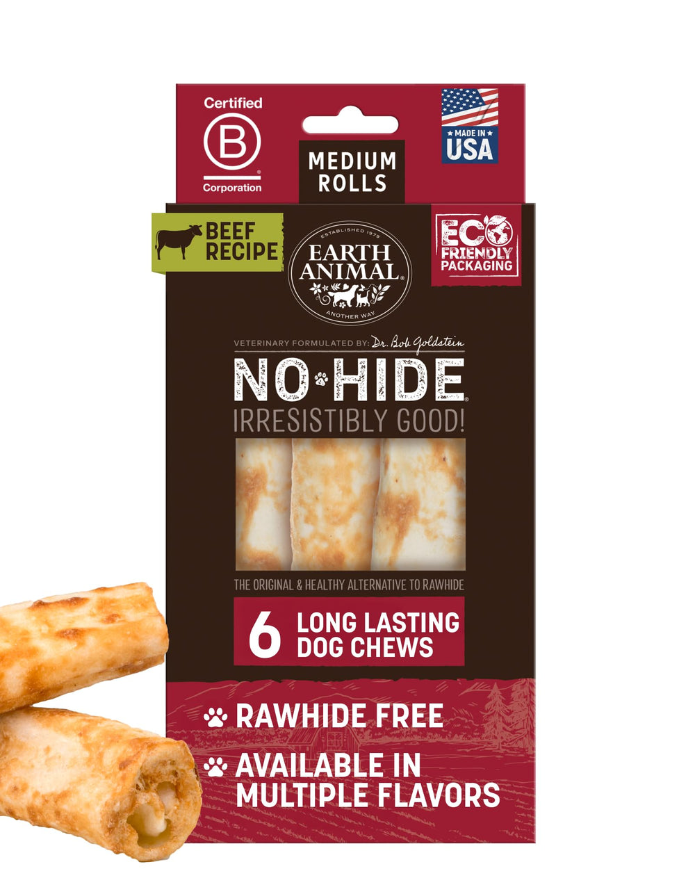 Earth Animal No Hide Chews beef rolls packaging highlights medium-dog suitability for chews
