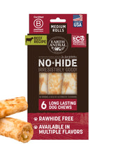 Earth Animal No Hide Chews beef rolls packaging highlights medium-dog suitability for chews