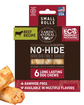 Earth Animal No Hide Chews packaging closeup shows rawhide-free beef treats for dogs