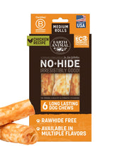 Earth Animal No Hide Chews Rolls front-pack view shows long-lasting chicken chews for medium dogs.