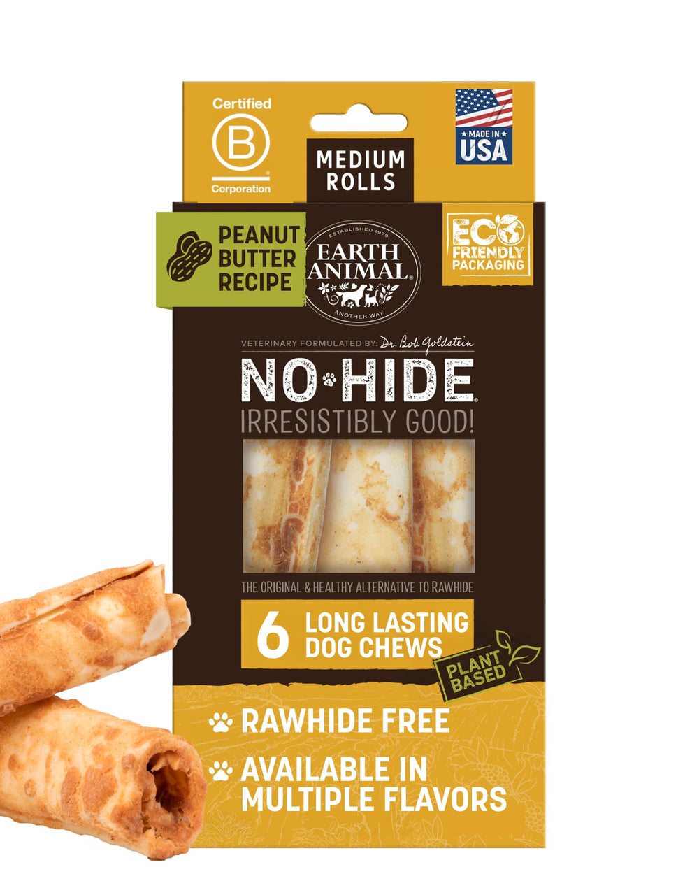 Earth Animal No Hide peanut butter rolls for medium dogs long-lasting chew for boredom relief