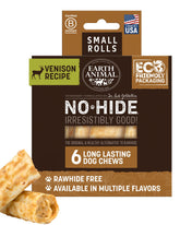 Earth Animal No Hide Venison Rolls packaging showing long-lasting chew for small dogs