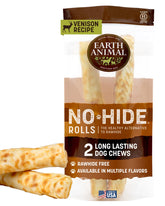 Earth Animal No Hide Chews venison rolls pack shot for long-lasting large-dog chew.
