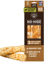Earth Animal No-Hide venison rolls pack shows a long-lasting chew for large dogs