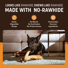 Chicken-sourced ingredients label for Earth Animal No Hide Chews, wholesome chew option.