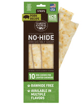 Earth Animal No Hide Strips pack shot highlights a wholesome pork chew for dogs' oral care.