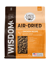 Earth Animal Wisdom air-dried chicken recipe bag front highlights premium protein option