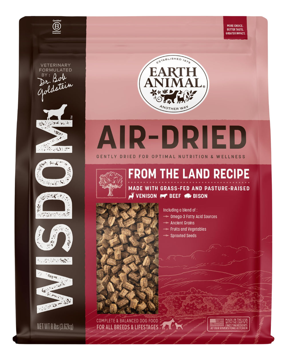 Earth Animal Wisdom air-dried dog food bag closeup shows premium ingredients for balanced meals.