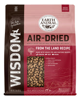 Earth Animal Wisdom air-dried dog food packaging bag shows premium nutrition for convenient meals.