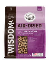 Earth Animal Wisdom air dried turkey dog food bag showing premium formula for all breeds