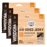 Earth Animal Wisdom Air Dried Jerky chicken front packaging showing premium ingredients for tasty rewards