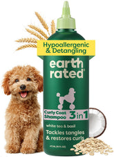Earth Rated hypoallergenic 3-in-1 detangle dog shampoo bottle shows gentle cleansing and odor-control.