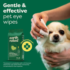 Closeup of the eye area with Earth Rated Vet-Developed wipes for sensitive skin